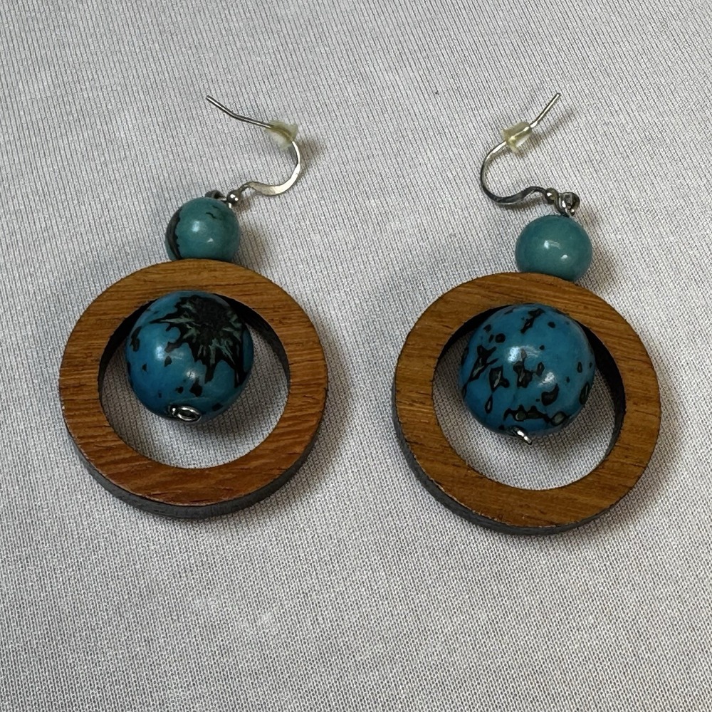 Wood And Faux Turquoise Dangle Earrings